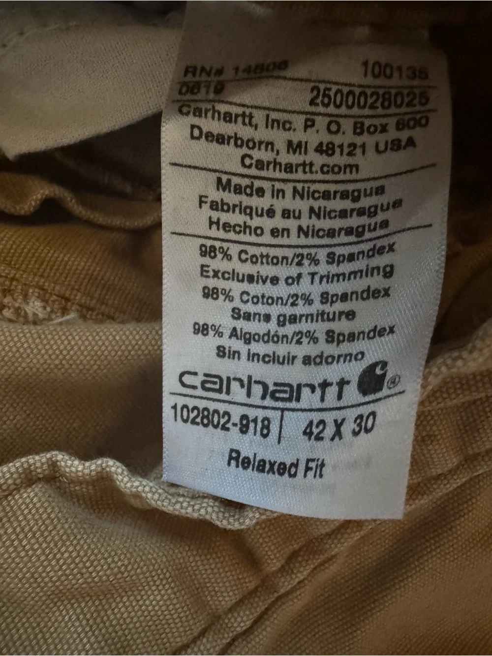 Carhartt 102802 Relaxed Fit Utility Work Pants 42x30 Canvas Stretch Carpenter